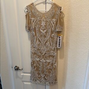 Mignon Tan Mini Dress with Silver Embellishments